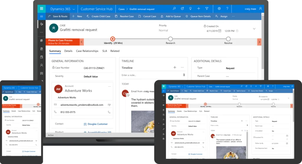 Dynamics 365 Customer Service Hub case form on desktop, tablet and phone