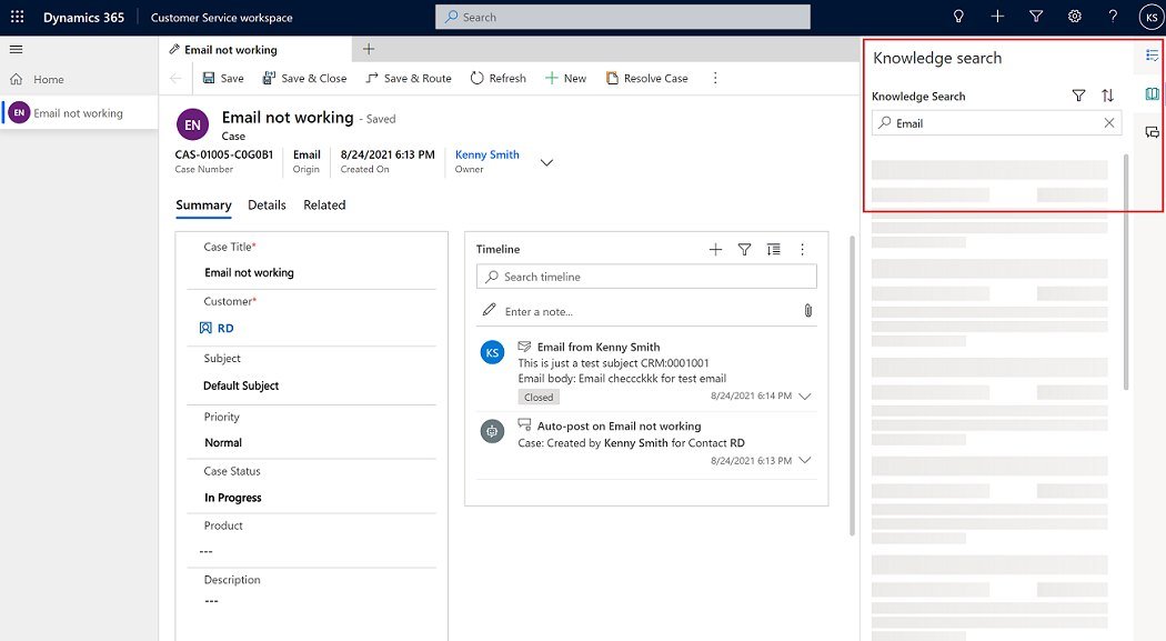 Dynamics 365 Customer Service knowledge search pane on a case