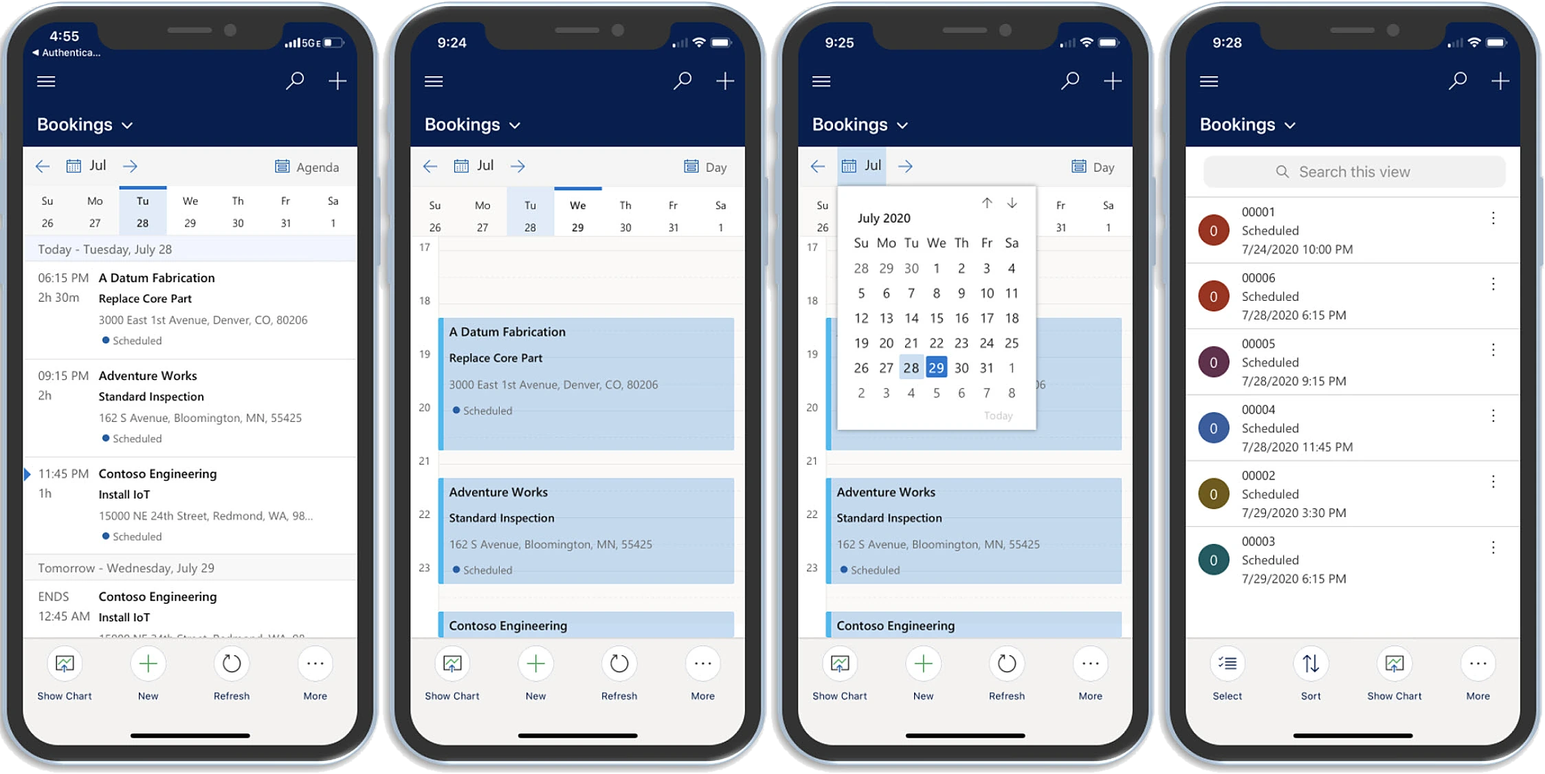 Dynamics 365 Field Service mobile app bookings screens