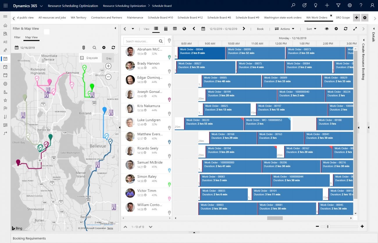 Dynamics 365 Resource Scheduling Optimization schedule board with optimized routes