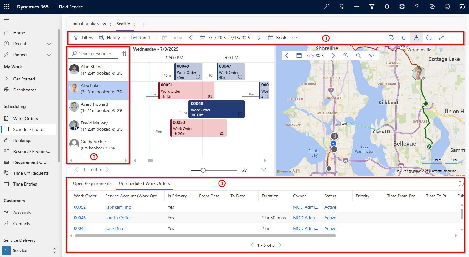 Dynamics 365 Field Service schedule board with map view