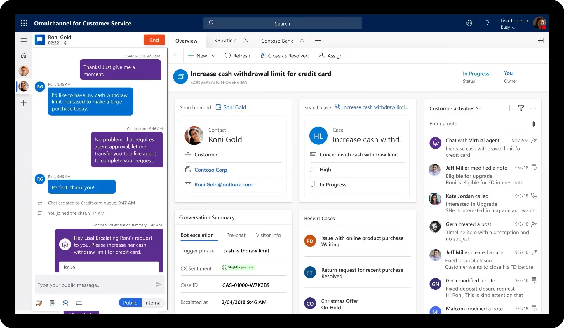 Dynamics 365 Omnichannel for Customer Service agent workspace with chat and conversation summary