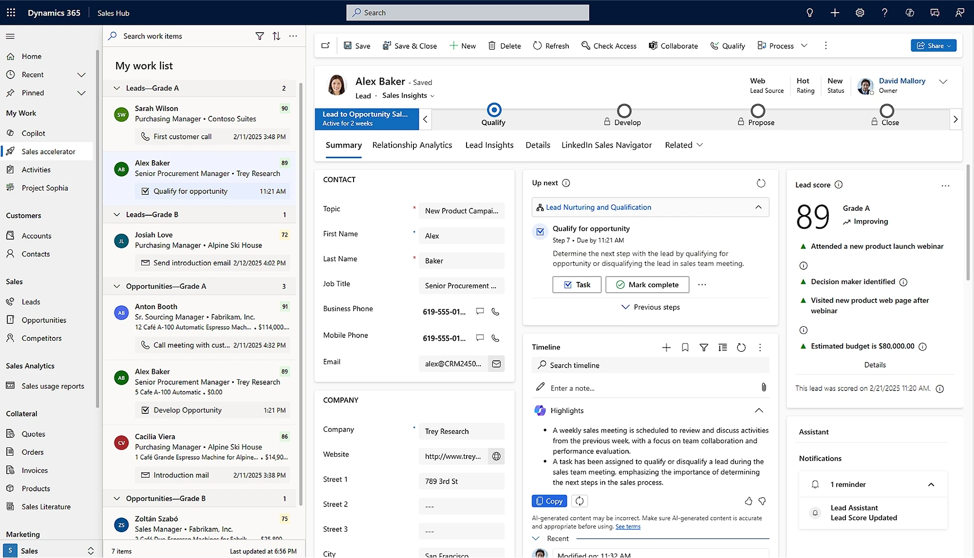 Dynamics 365 Sales Hub work list with lead record, lead score and Copilot highlights