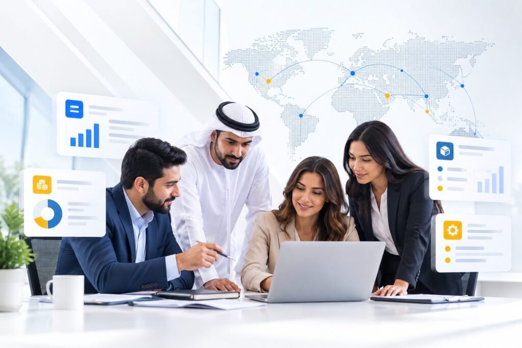 Mohila ERP consultants working with a client team on a Dynamics 365 project